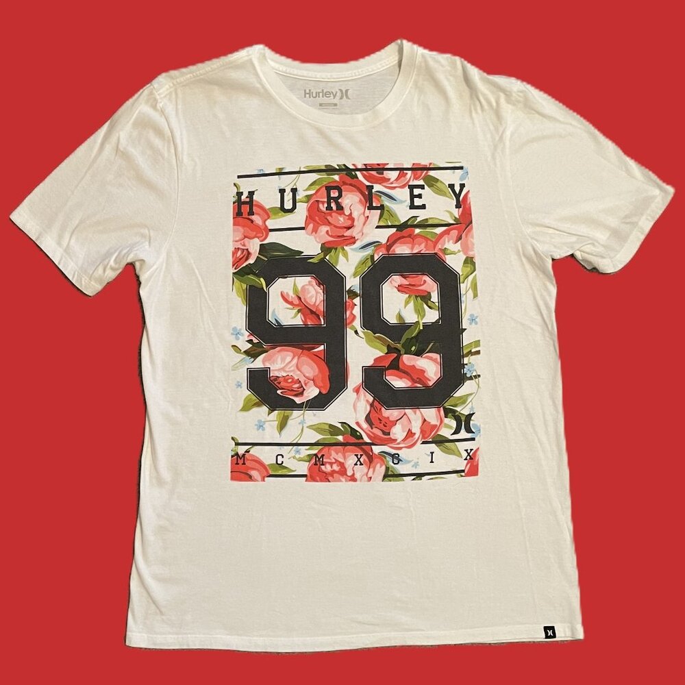 HURLEY WOMENS TSHIRT Medium WHITE with ROSE GRAPHIC Cotton 1151AT